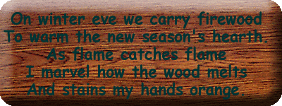 On winter eve we carry firewood To warm the new season's hearth. As flame catches flame I marvel how the wood melts And stains my hands orange.